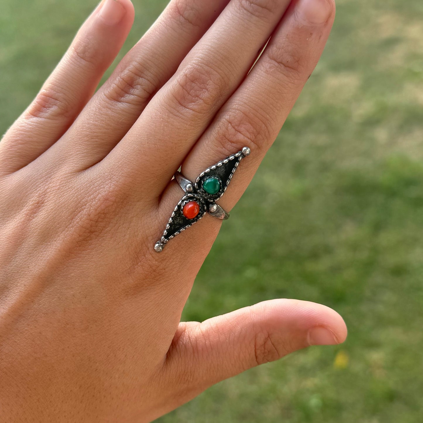 Malachite + Red Coral Sterling Silver Ring Size 8